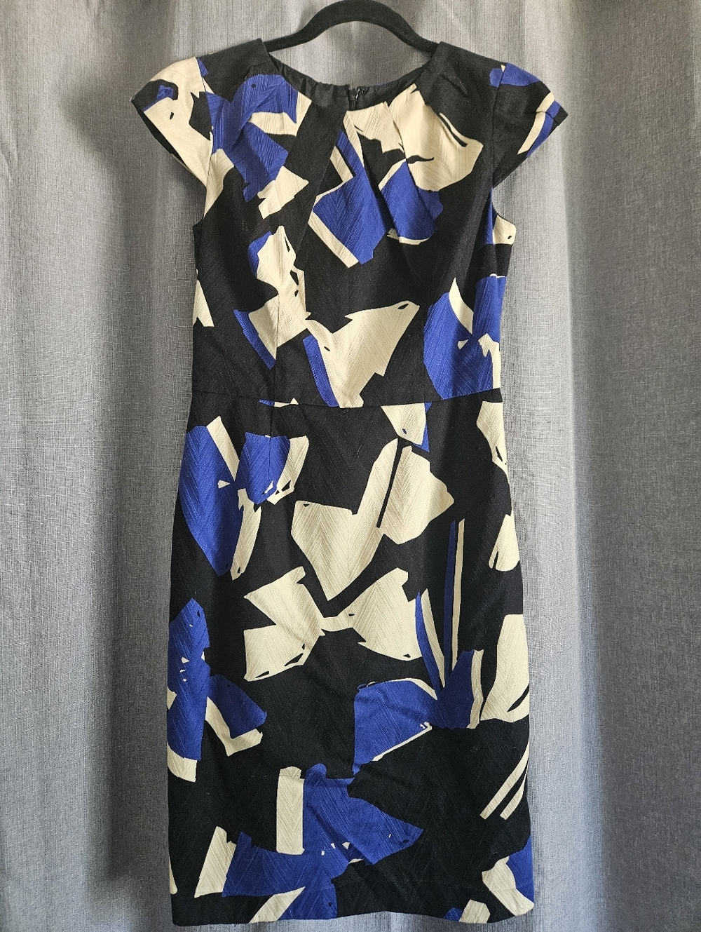 Chetta B Black Floral Abstract Sheath Dress with Blue and Cream Accents